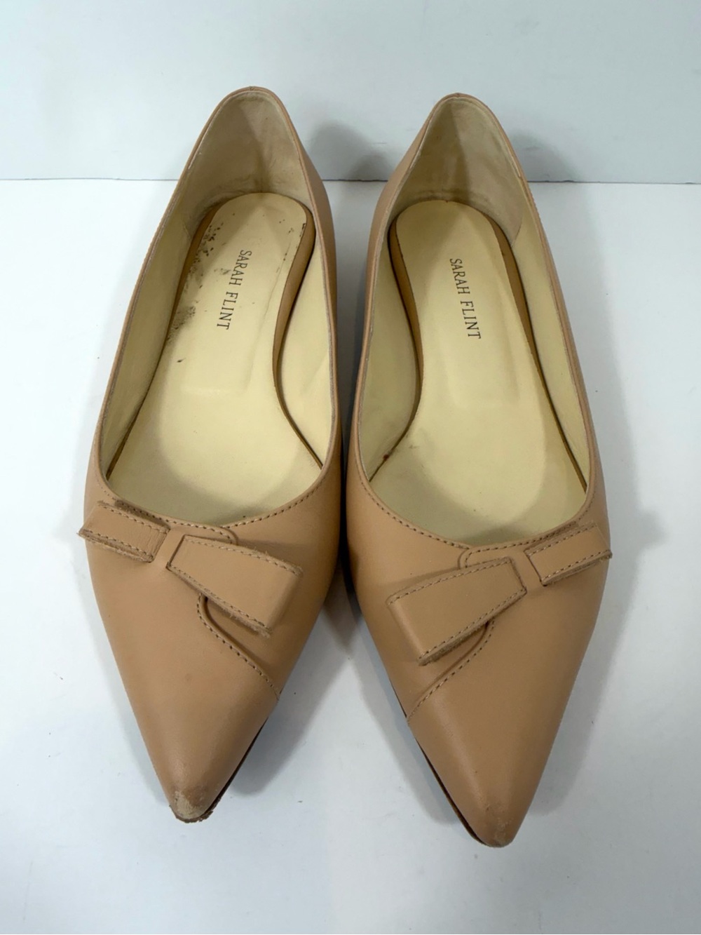 SARAH FLINT Natalie Leather Pointed Toe Bow Flat Nude Beige EU 38 US 8